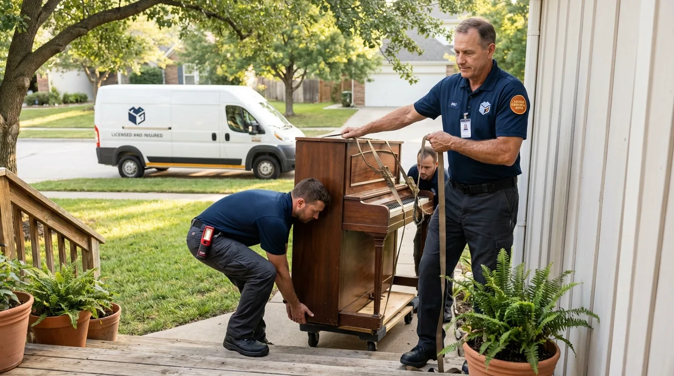 Licensed piano movers securing grand piano in Albany, IN