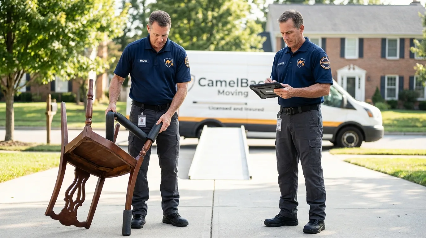 Movers inspecting furniture for damage prevention before loading in Albany, IN